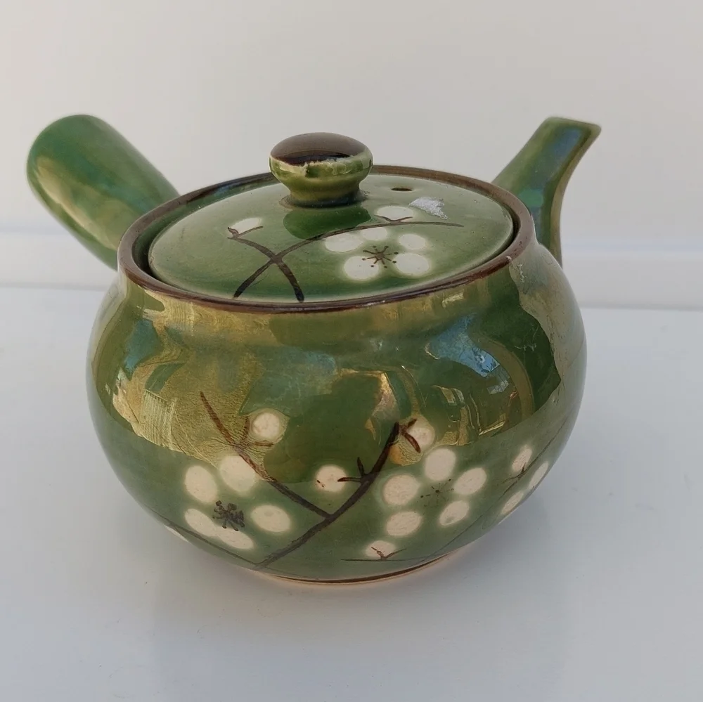 Miso Pottery Asian Japan Green with White Cherry Blossoms Side Spout Tea Pot - Picture 6 of 11